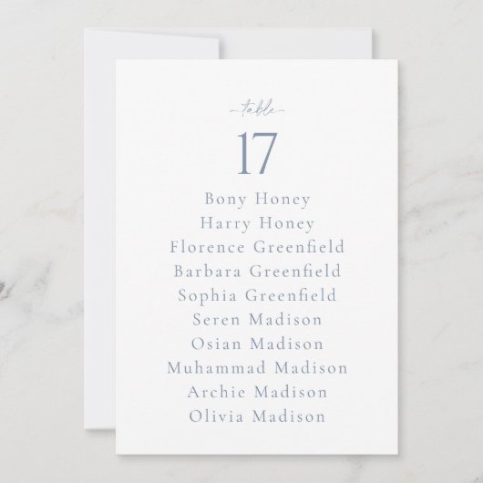 Dusty Blue Wedding Table Number with Guest List 招待状 (正面)