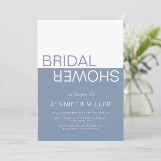 Dusty blue whimsical colorblock bridal shower 招待状 (スタンド正面)