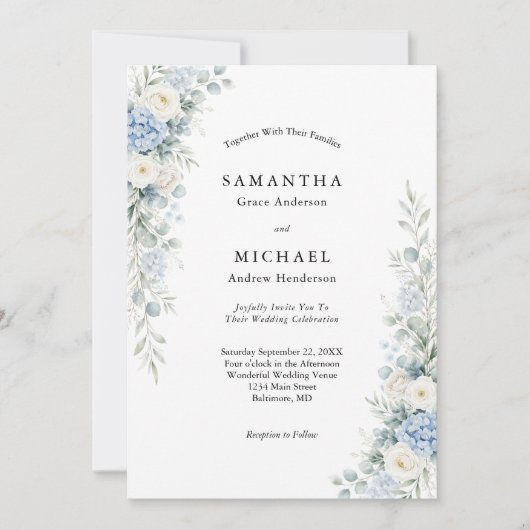 Dusty Blue White Cream Florals Wedding 招待状 (正面)