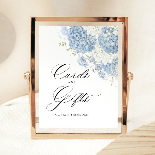 Dusty Blue White Floral Cards and Gifts Wedding 台座サイン