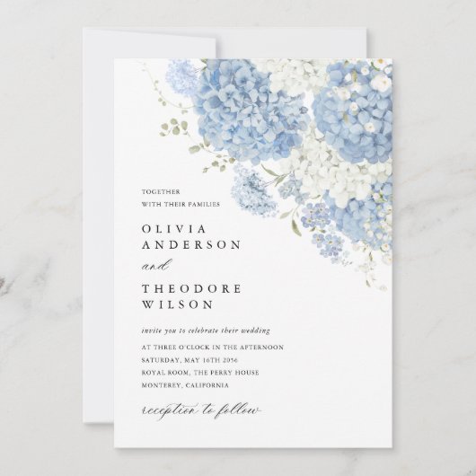 Dusty Blue White Floral Elegant Wedding 招待状 (正面)