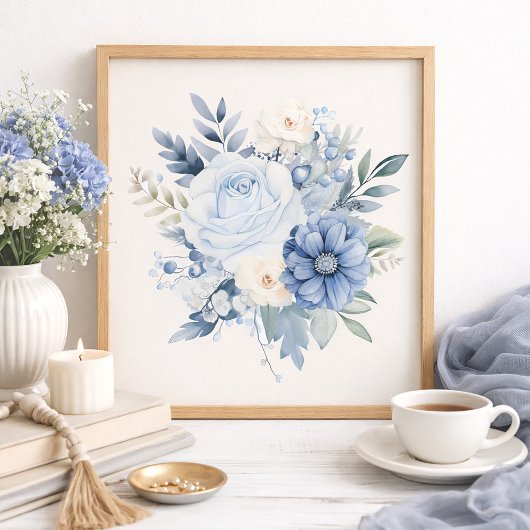 Dusty Blue White Floral Home Decor ポスター