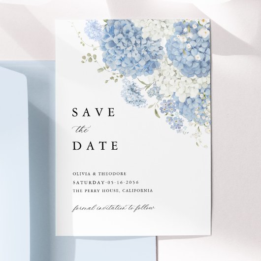 Dusty Blue White Floral Save the Date Invitation セーブザデート