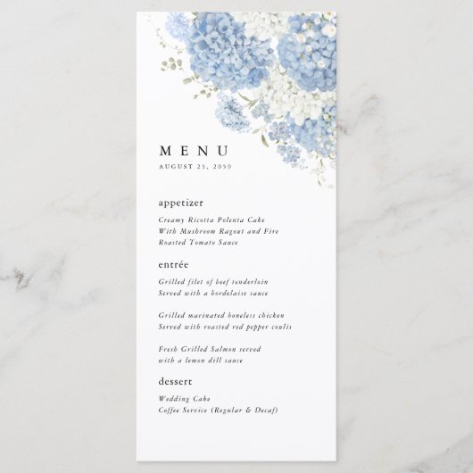 Dusty Blue White Floral Wedding Reception Dinner メニュー (正面)