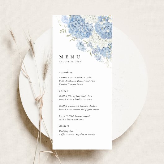 Dusty Blue White Floral Wedding Reception Dinner メニュー