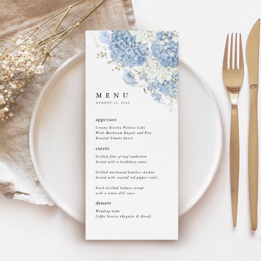 Dusty Blue White Floral Wedding Reception Dinner メニュー