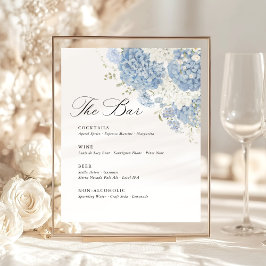 Dusty Blue White Hydrangea Wedding Bar Menu 台座サイン