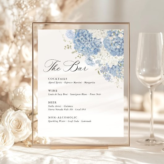 Dusty Blue White Hydrangea Wedding Bar Menu 台座サイン