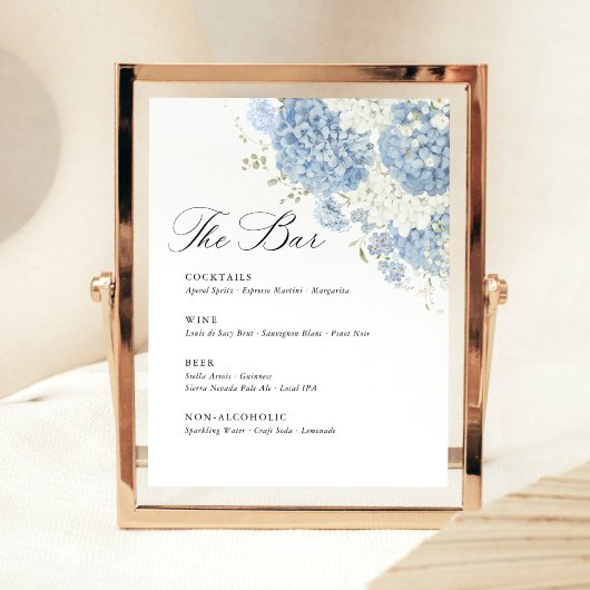 Dusty Blue White Hydrangea Wedding Bar Menu 台座サイン