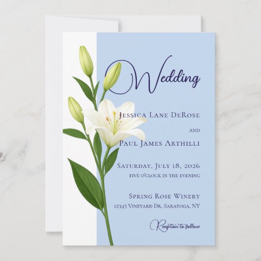 Dusty Blue White Lilly Wedding Invitation 招待状 (正面)