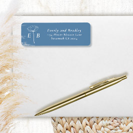 Dusty Blue White Monogram Floral Accent Address ラベル