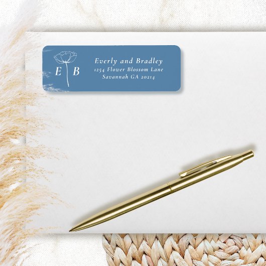 Dusty Blue White Monogram Floral Accent Address ラベル