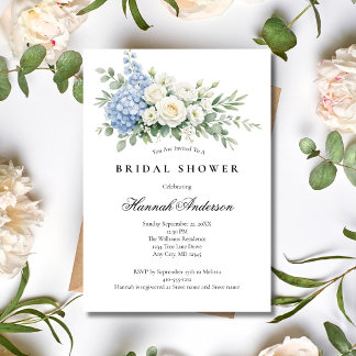 Dusty Blue White Rose Floral Elegant Bridal Shower 招待状