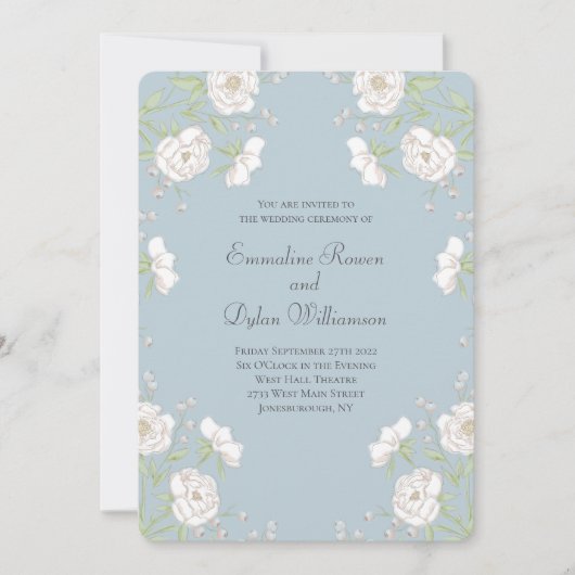Dusty Blue White Rose Wedding 招待状 (正面)