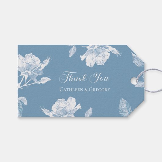 Dusty Blue White Roses Floral Thank You Wedding ギフトタグ (正面(横))