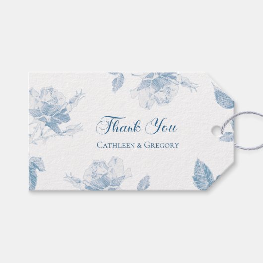 Dusty Blue White Roses Floral Thank You Wedding ギフトタグ (正面(横))