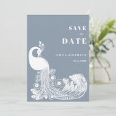 Dusty blue white royal peacock chic Save the Date 招待状 (スタンド正面)