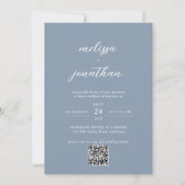 Dusty Blue & White Script Photo QR Code 結婚's 招待状 (正面)