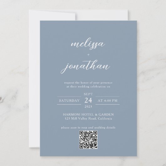Dusty Blue & White Script Photo QR Code 結婚's 招待状 (正面)