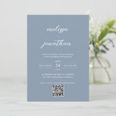 Dusty Blue & White Script Photo QR Code 結婚's 招待状 (スタンド正面)