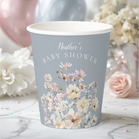 Dusty Blue Wildflower Baby Shower  紙コップ