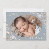 Dusty Blue Wildflower Baby Shower Photo サンキューカード (正面)