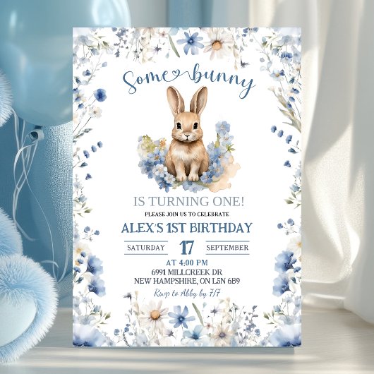 Dusty Blue Wildflower Bunny 1st Birthday 招待状