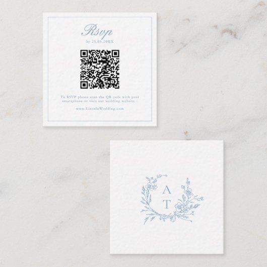 Dusty Blue Wildflower Crest Wedding QR Code RSVP  エンクロージャーカード (正面/裏面)