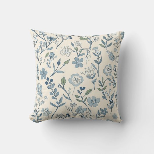 Dusty Blue Wildflower Meadow Botanical Pattern クッション (正面)