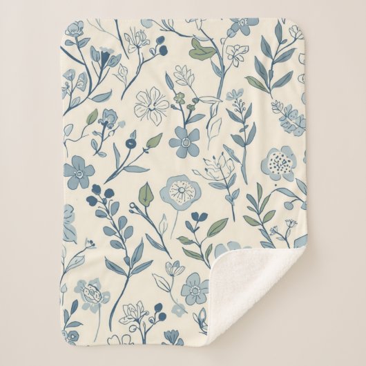 Dusty Blue Wildflower Meadow Botanical Pattern シェルパブランケット (正面)