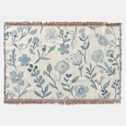 Dusty Blue Wildflower Meadow Botanical Pattern スローブランケット (正面)