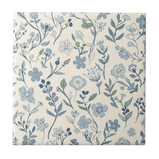 Dusty Blue Wildflower Meadow Botanical Pattern タイル (正面)