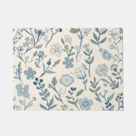 Dusty Blue Wildflower Meadow Botanical Pattern ドアマット