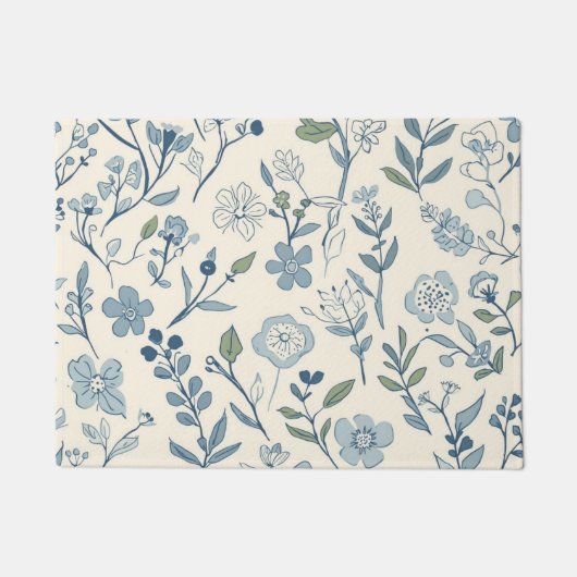 Dusty Blue Wildflower Meadow Botanical Pattern ドアマット (正面)