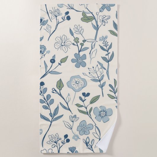 Dusty Blue Wildflower Meadow Botanical Pattern ビーチタオル (正面)