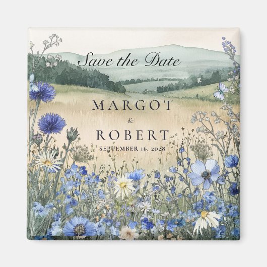 Dusty Blue Wildflower Meadow Save The Date マグネット (正面)