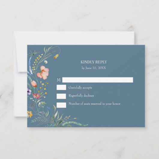 Dusty Blue Wildflower Meadow Wedding RSVP Card (正面)