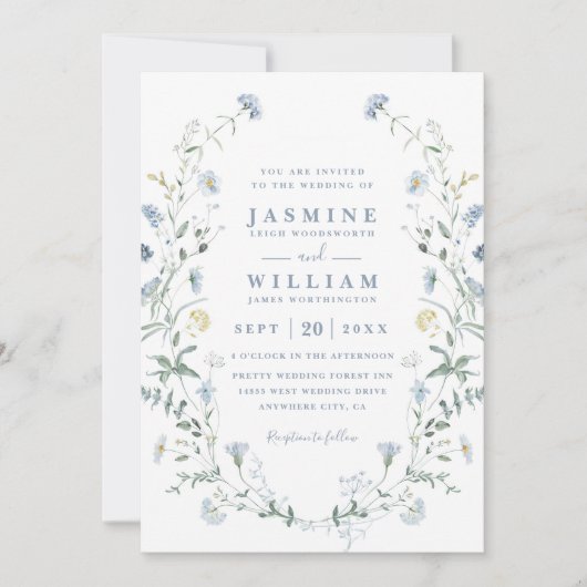 Dusty Blue Wildflower Rustic Boho QR Code Wedding 招待状 (正面)
