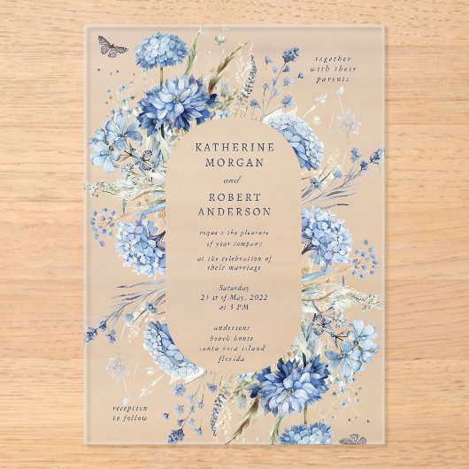 Dusty Blue Wildflower Wedding Invitation アクリル招待状 (正面)