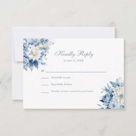 Dusty Blue Wildflower Wedding RSVP White Back (正面)