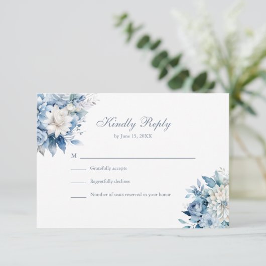 Dusty Blue Wildflower Wedding RSVP White Back (スタンド正面)
