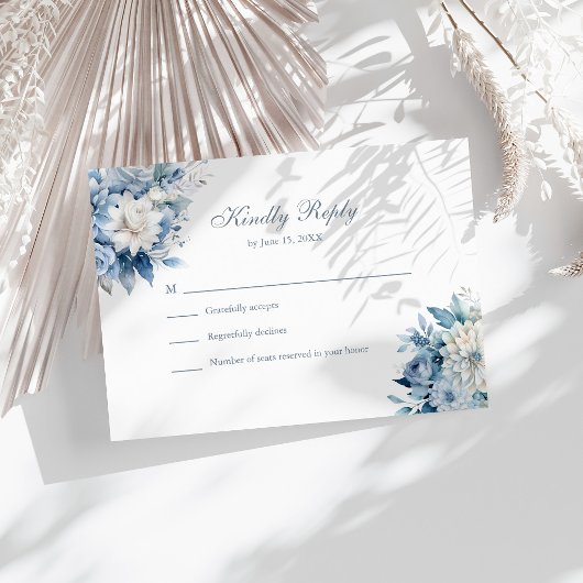 Dusty Blue Wildflower Wedding RSVP White Back