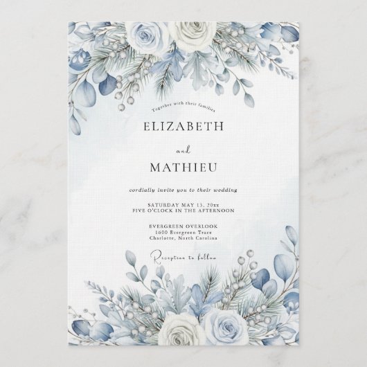 Dusty Blue Winter Bloom Wedding 招待状 (正面)