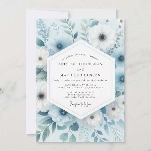 Dusty Blue Winter Bloom Wedding 招待状 (正面)