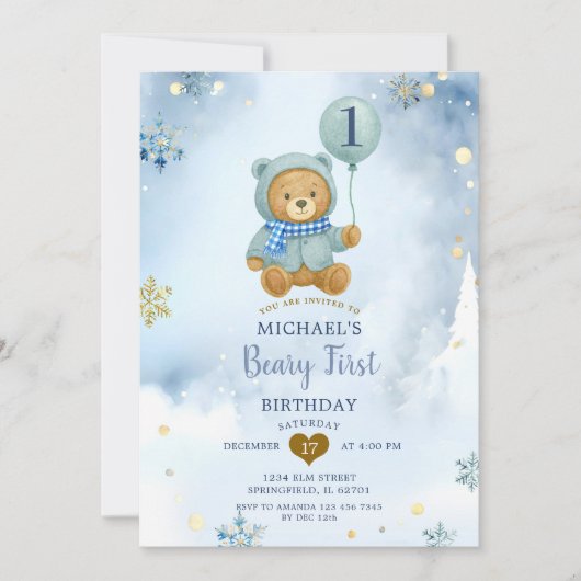 Dusty Blue Winter Snowflake Beary First Birthday  招待状 (正面)