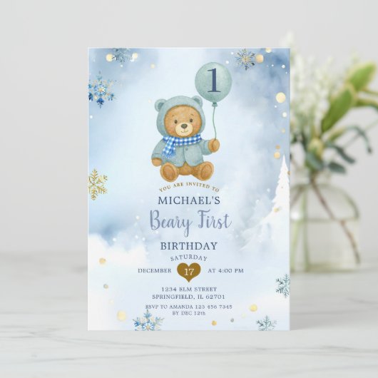 Dusty Blue Winter Snowflake Beary First Birthday  招待状 (スタンド正面)