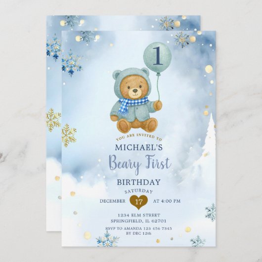 Dusty Blue Winter Snowflake Beary First Birthday 招待状 (正面/裏面)