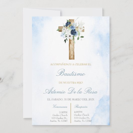 Dusty blue with cross baptism  招待状 (正面)