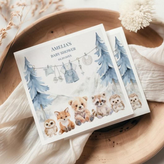 Dusty Blue Woodland Adventure Awaits Baby Shower スタンダードカクテルナプキン