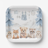 Dusty Blue Woodland Adventure Awaits Baby Shower ペーパープレート (正面)